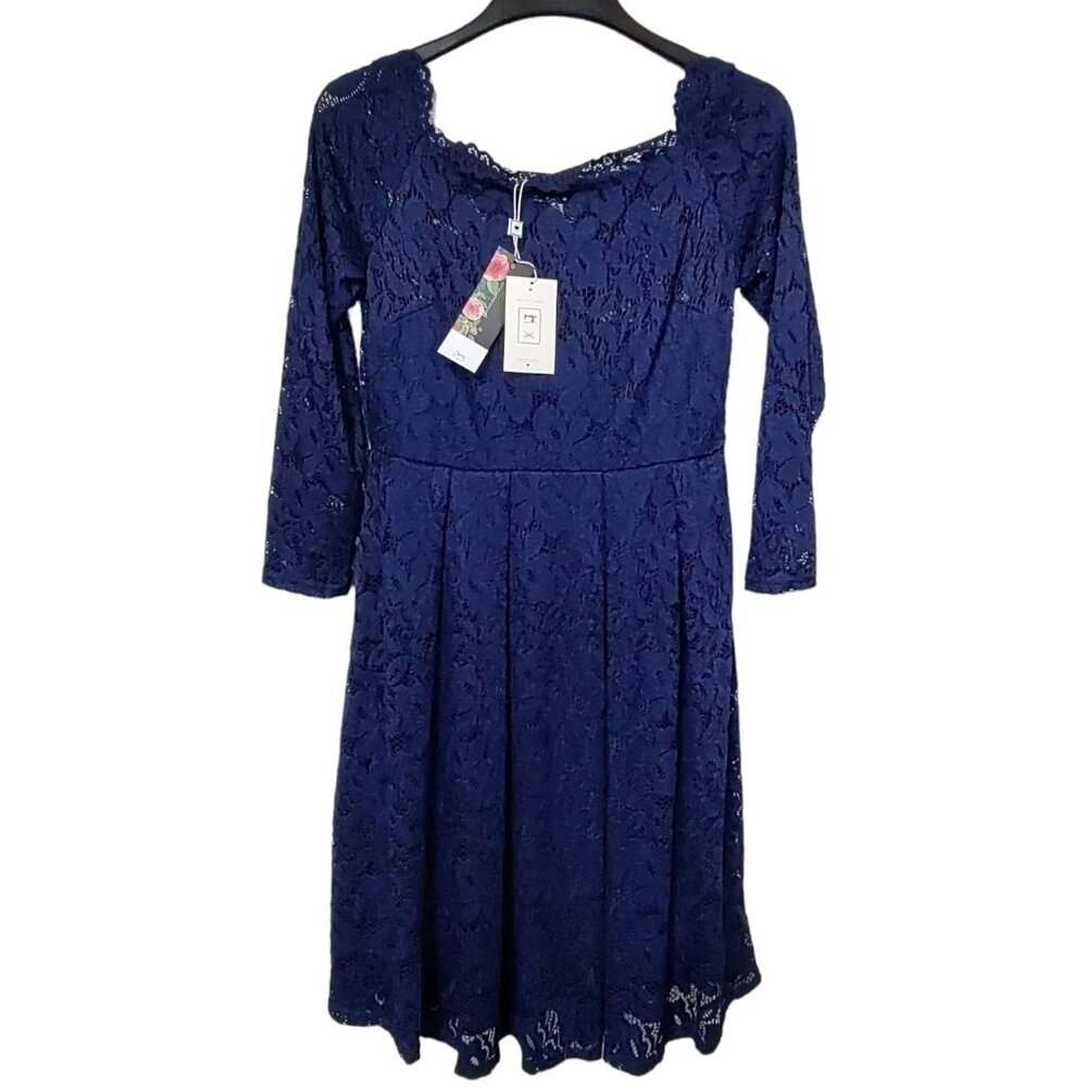 Miss May Womens Blue Floral Lace Dress Long Sleeve Scalloped Neckline Size M NWT